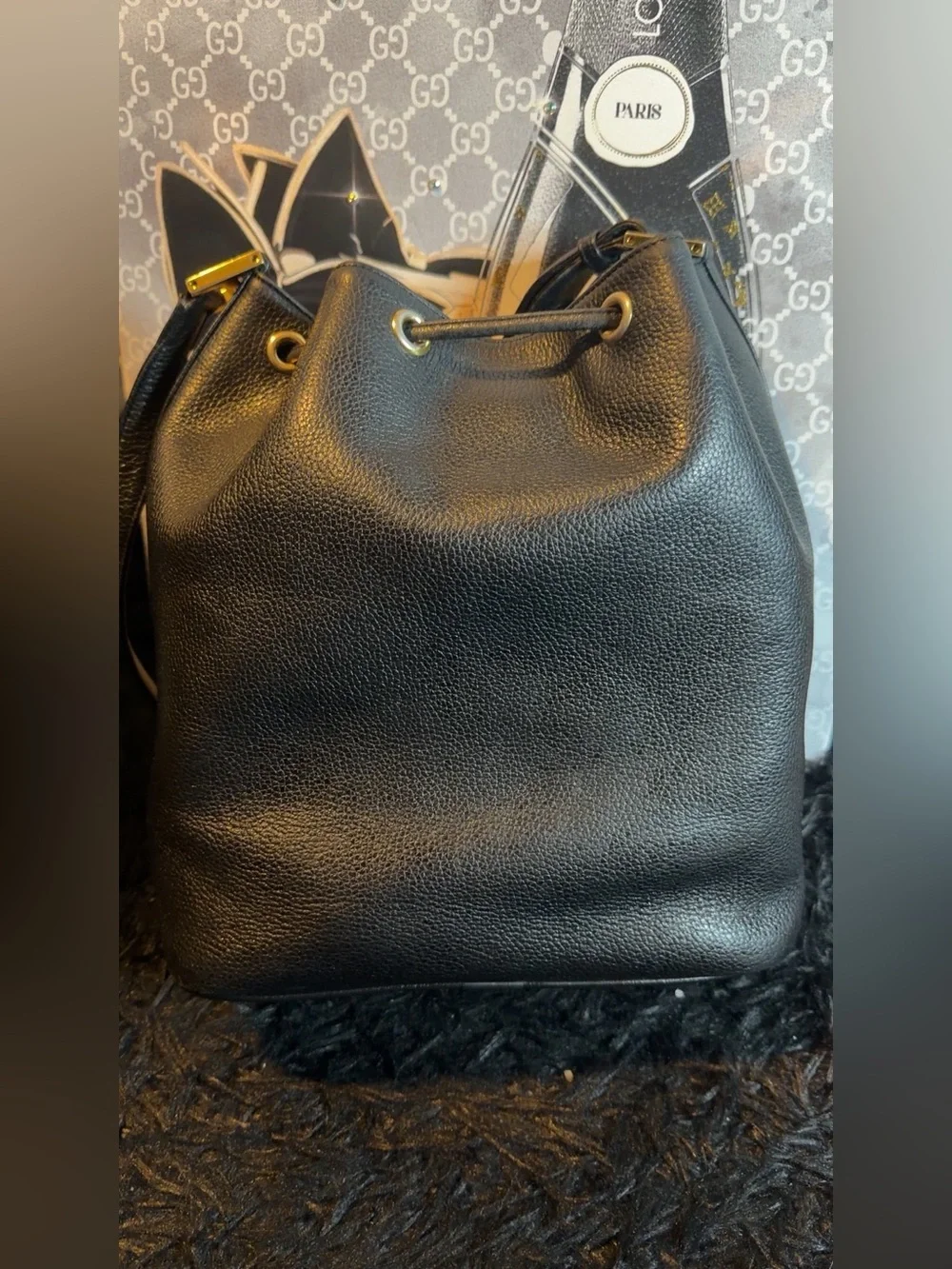 MCM Drawstring Bucket Bag with Gold Accents